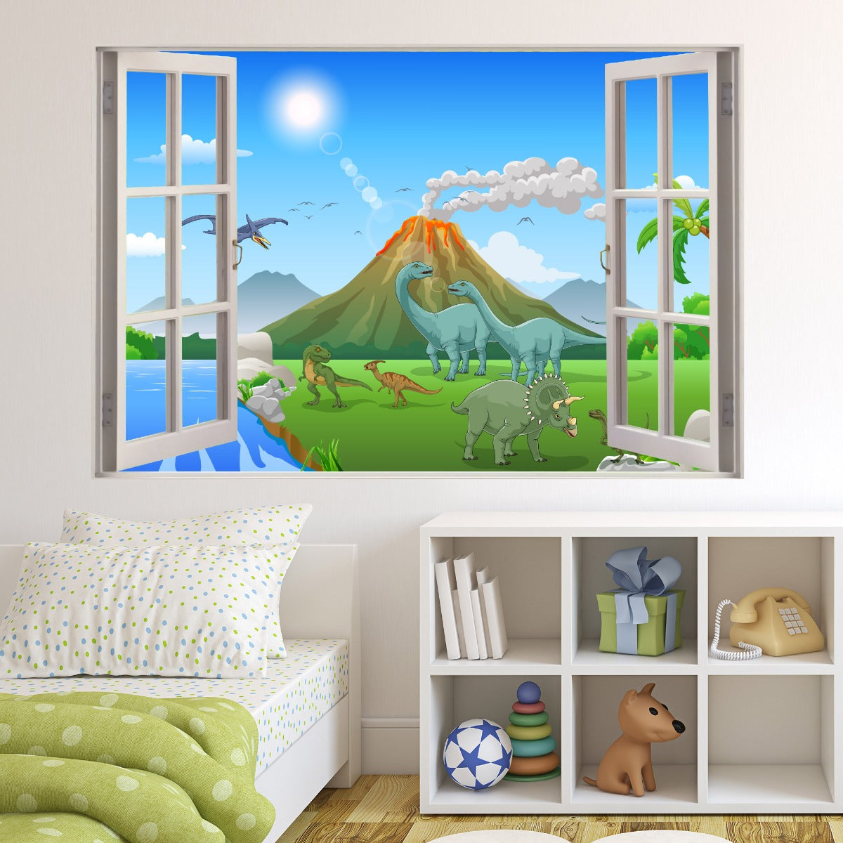 Dinosaur Wall Sticker - Cartoon Dinosaur Land with Erupting Volcano Window Wall