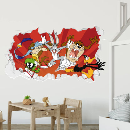 Looney Tunes Wall Sticker - Group Jumping Out of Broken Wall Decal Art