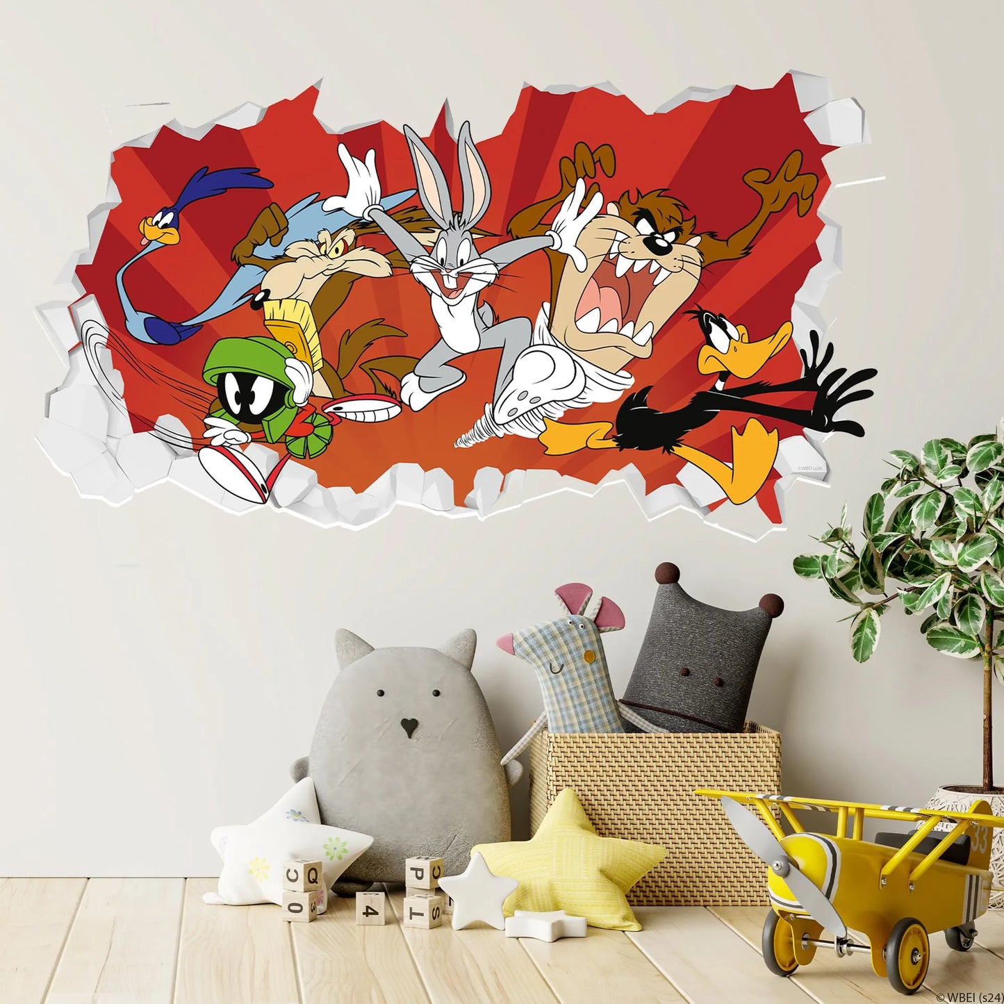 Looney Tunes Wall Sticker - Group Jumping Out of Broken Wall Decal Art