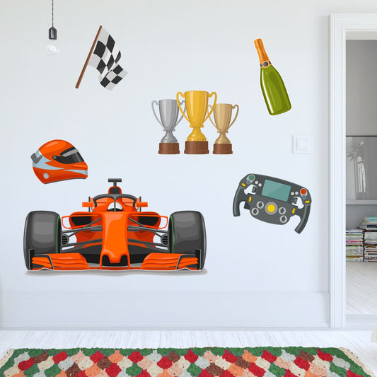 Car Wall Sticker - Orange Sports Car Racing Icons Decal Set