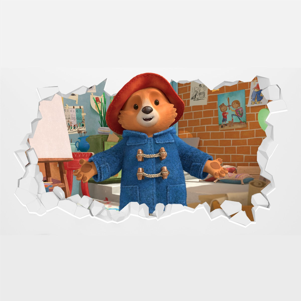 Paddington TV Wall Sticker - In Studio With Arms Open Broken Wall