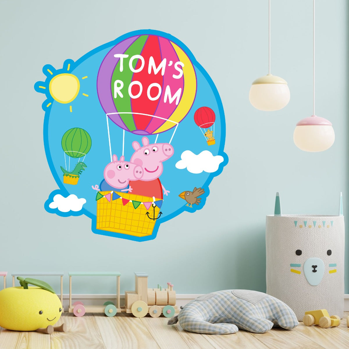 Peppa Pig Wall Sticker - Peppa and George Hot Air Balloon Personalised Name