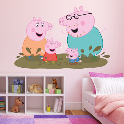 Peppa Pig Wall Sticker - Peppa Pig and Family Jumping in Muddy Puddles