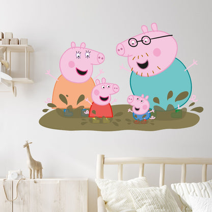 Peppa Pig Wall Sticker - Peppa Pig and Family Jumping in Muddy Puddles