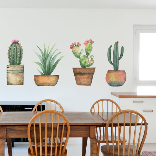 Plant Wall Sticker - Set of 4 Watercolour Cactus Plants Wall Decal Art Nature