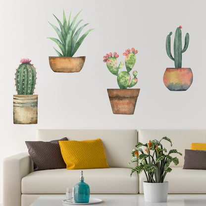 Plant Wall Sticker - Set of 4 Watercolour Cactus Plants Wall Decal Art Nature