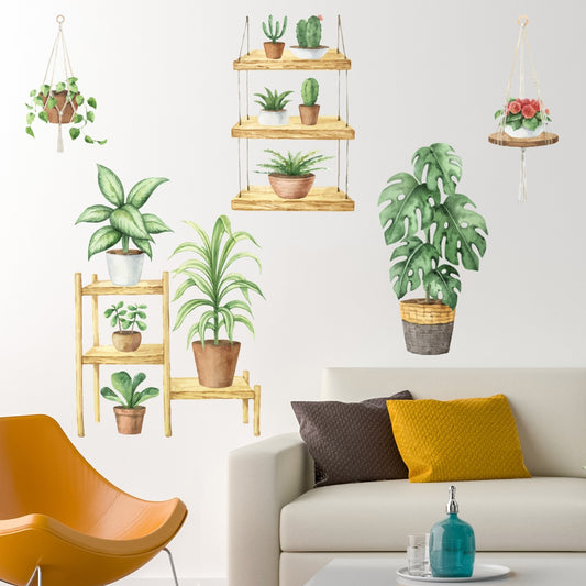 Plant Wall Sticker - Set of Watercolour Plants on Shelves and Hanging Wall Decals Nature Wall Art