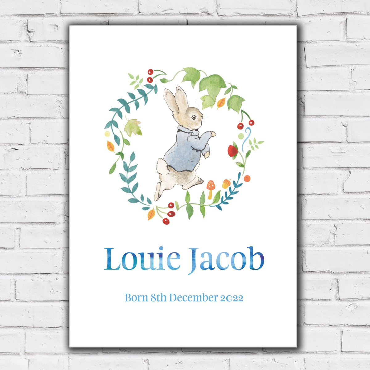 Peter Rabbit Print - Wreath Personalised Name & Date Print