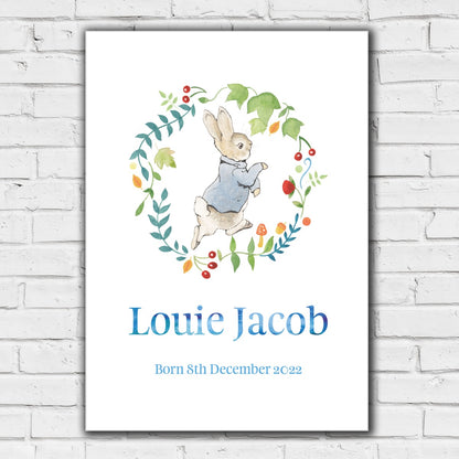 Peter Rabbit Print - Wreath Personalised Name & Date Print