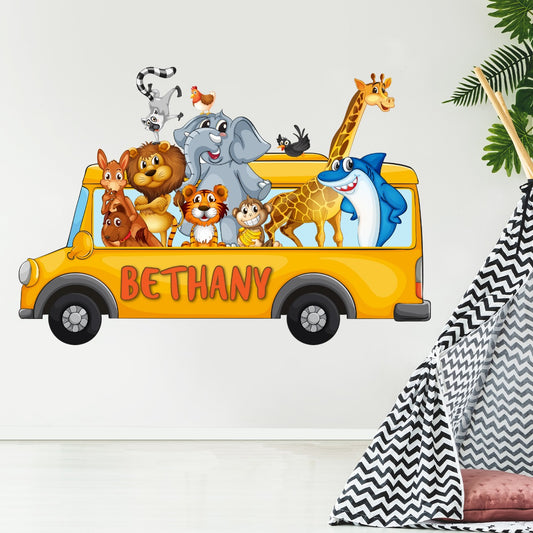 Kids Wall Sticker - Personalised Name Animal Bus