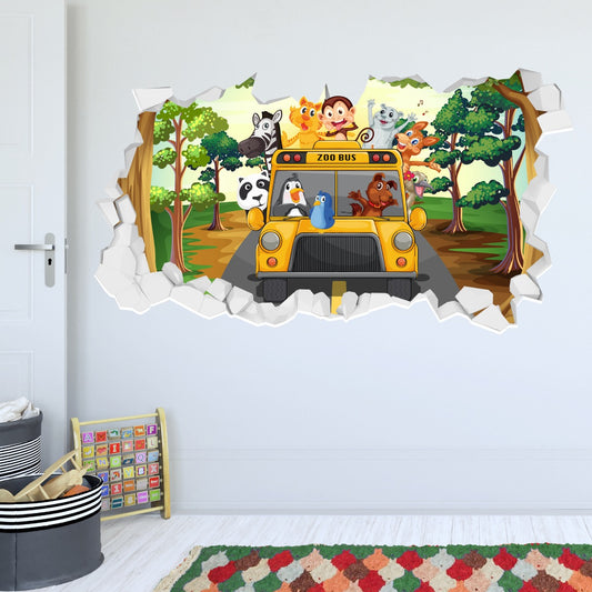 Kids Wall Sticker - Animal Zoo Bus Broken Wall