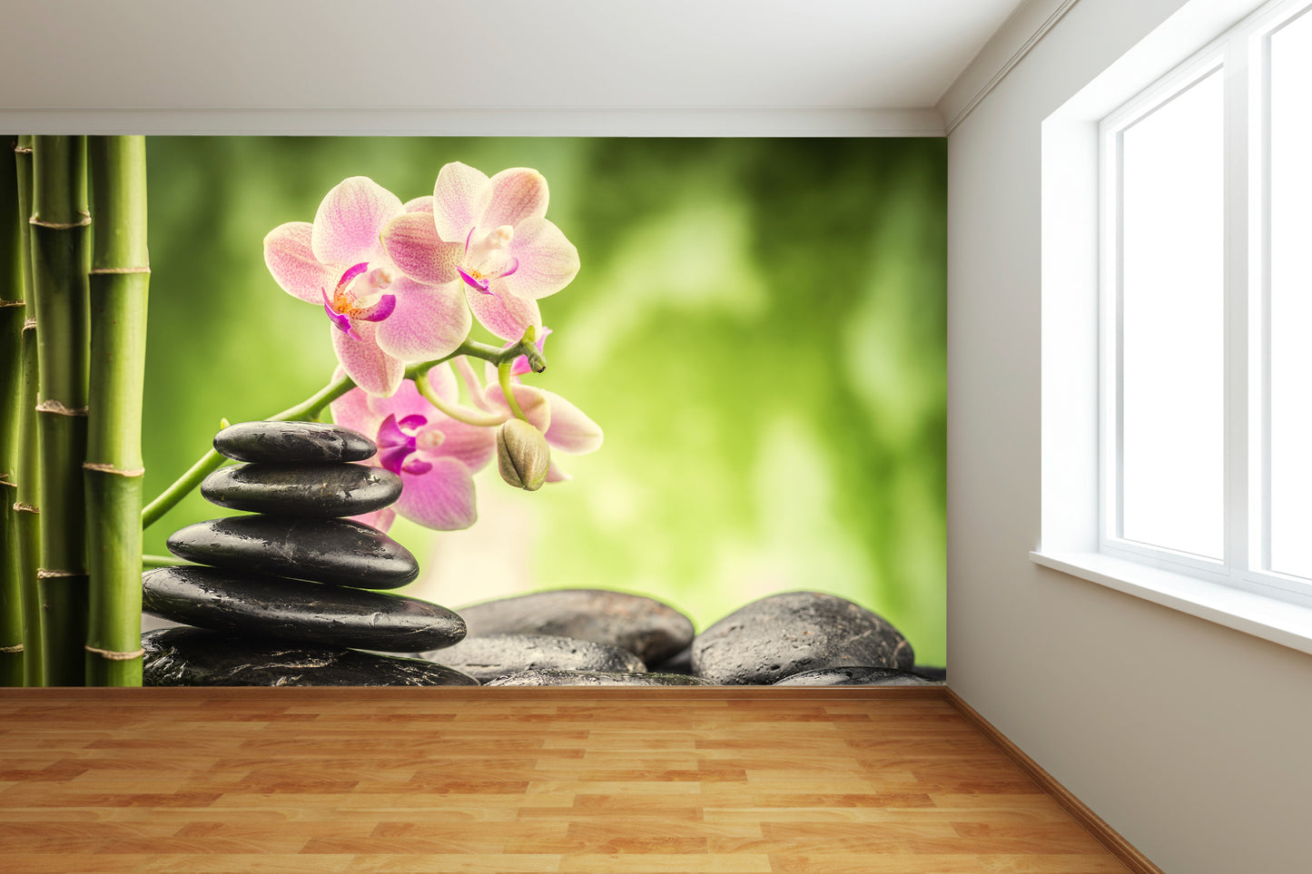 Zen Basalt Stones, Orchid Flower and Bamboo Wall Mural